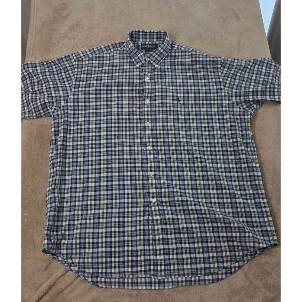Vintage Polo Ralph Lauren Blake Polo Shirt Men 2XL Blue Plaid Pleated S/S EUC